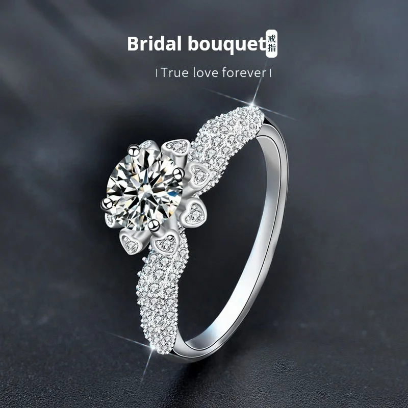 خاتم مخصص من الفضة الإسترليني عيار 925 مع تصميم باقة زهور مرصعة بالألماس – مجوهرات فاخرة خفيفة لهدايا الزفاف