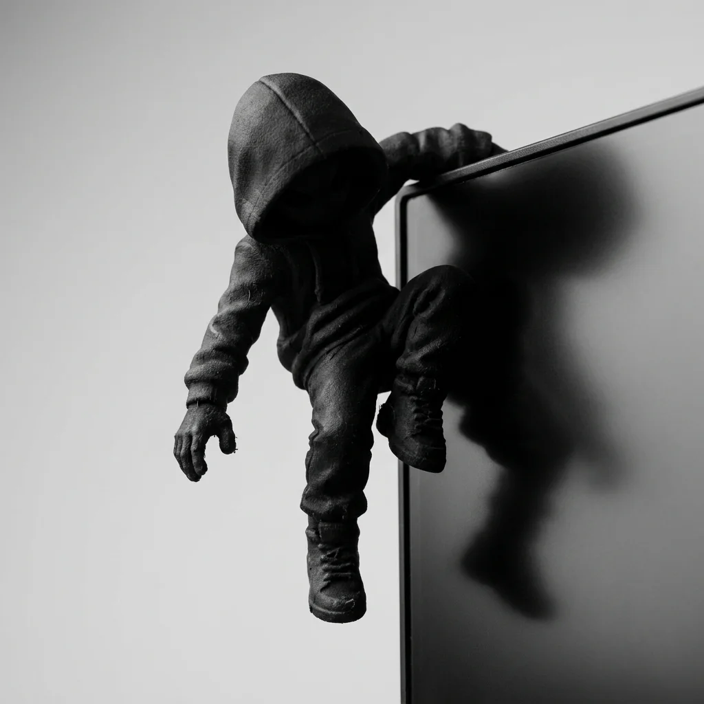 Hooded Climber Monitor Decor Figurine Black 3D Printed Mysterious Desk Ornament for Gaming Setup 3D Printing Has Slight Flaws