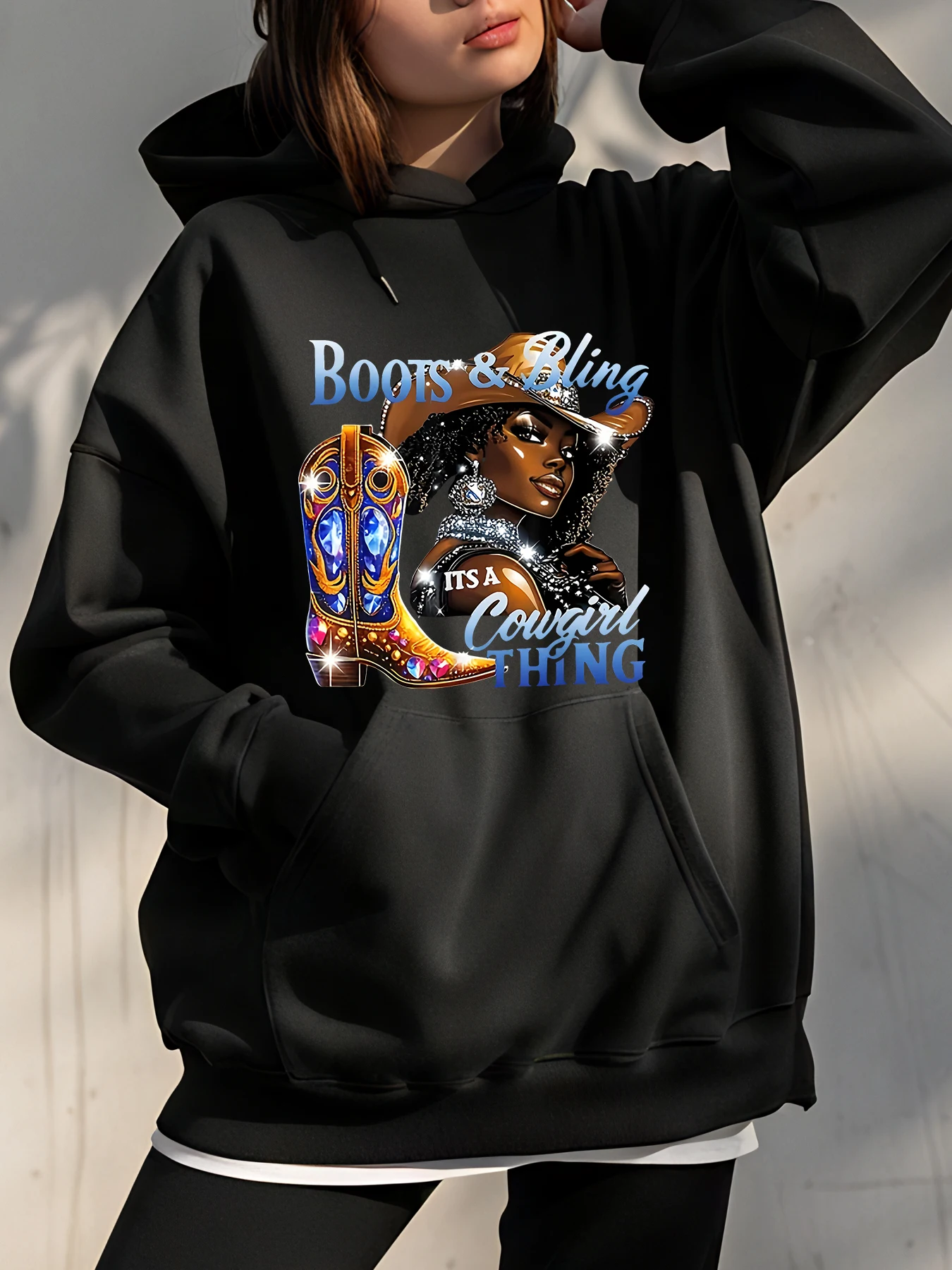 

【Хэллоуин】Ботинки и блестящая толстовка с принтом, свободный крой, повседневный стиль, ковбойские сапоги и женский дизайн, женская, повседневная одежда