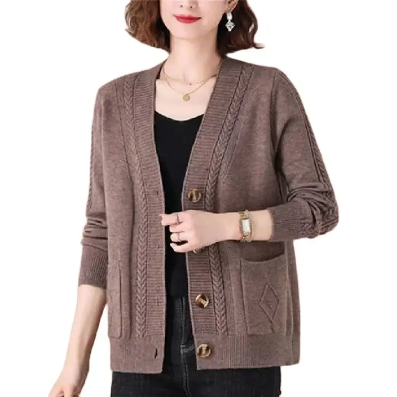 

New Single-Breasted Autumn And Winter Mother's Sweater Knitted Cardigan Fashion Loose Solid Color Twist Long Sleeve Warm Coat