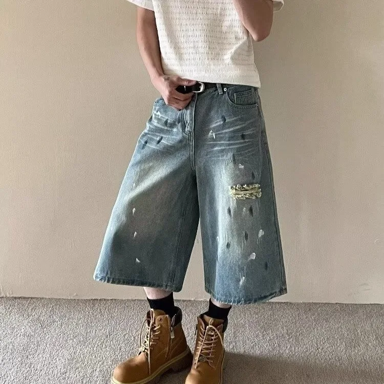 2026 American Retro Trend Ink-splashing Washed Ripped Jeans Men's Summer Loose Straight Cropped Pants