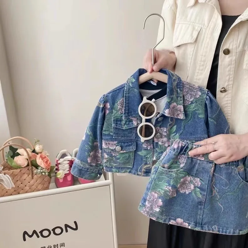

Kid Set Spring Autumn Denim Full Sleeve Girls Fashion New Printing Coat Skirt 2 Piece Suits All-match