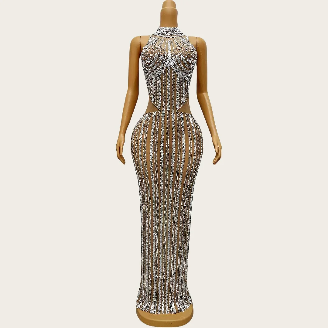 

Jiaren Luxury Sparkly Rhinestone SequinsTight Fitting Dress Elegant Women Sexy Mesh Sleeveless Evening Dress Party Prom Couture