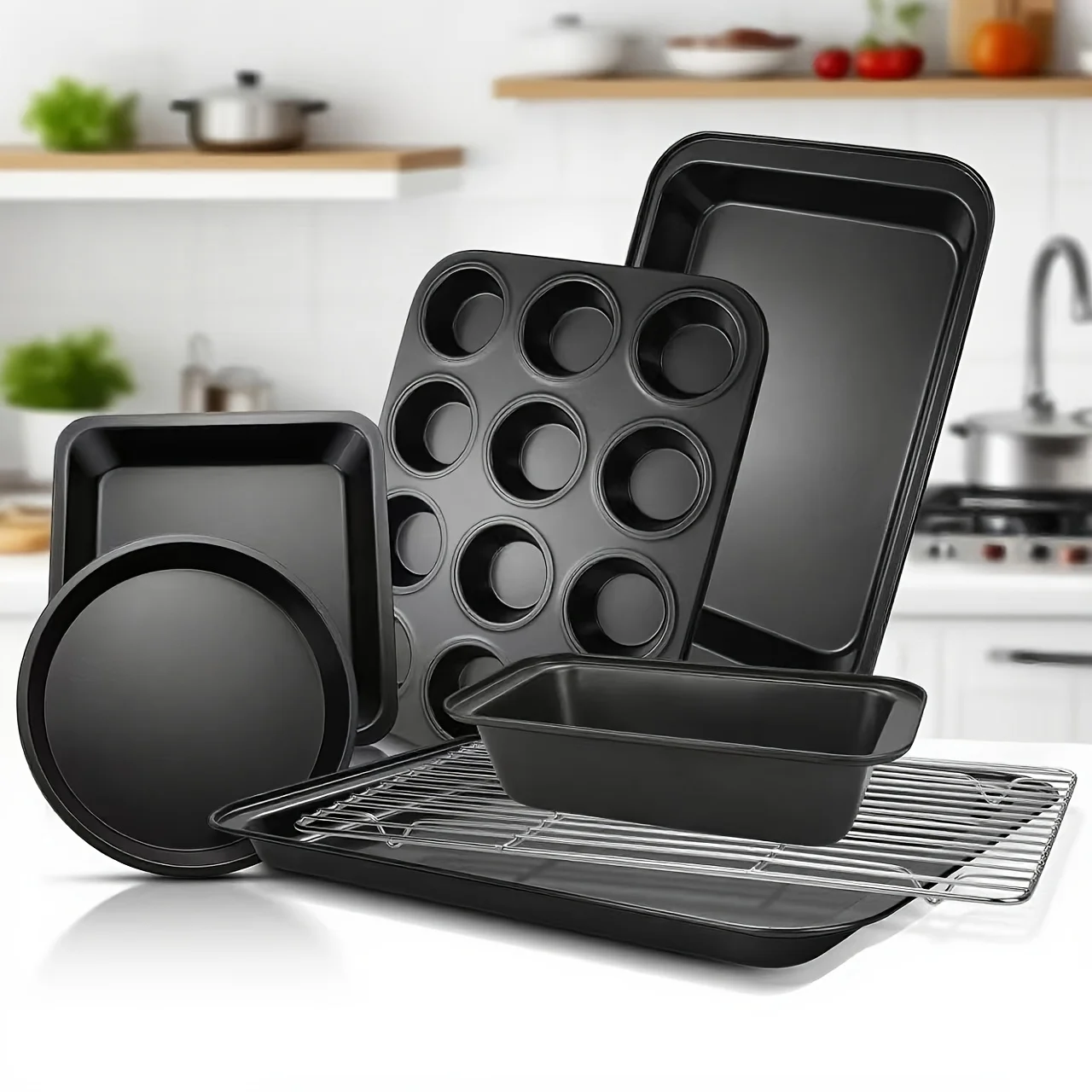 

Set of 7 Baking Pans, Non-Stick Bakeware, Includes Round And Square Cake Pans, Bread Pan, Muffin Tray, Cookie Sheet, Cooling Rack, Made of Carbon Steel