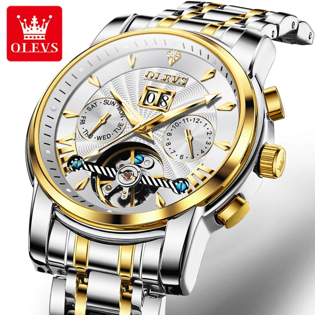 OLEVS 9965 Mechanical Fashion Watch Gift Stainless Steel Watchband Round-dial Wristwatch Month Display Week Display Calendar