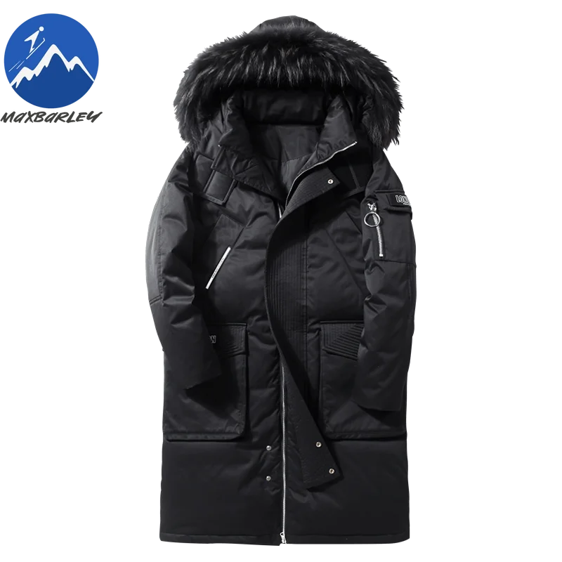 Maxbarley Premium Men Down Jacket Fur Collar Hood Outdoor Travel Cold Resistant Parkas Fashion Street Comfortable Warm Long Coat
