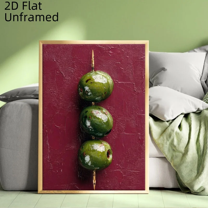 2D Flat, 2D Flat, 2D Flat 1pc Olive Art Canvas Painting, Glossy Pickled Olives on Stick Print with Rich Deep Burgundy Texture