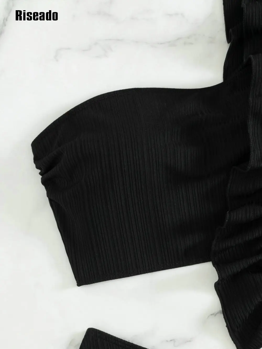 ผู้หญิงหนึ่งไหล่ Ruffle ชุดบิกินี่ 2 ชิ้น Ruched ชุดว่ายน้ํา Elegant ชุดว่ายน้ําสีดํา
