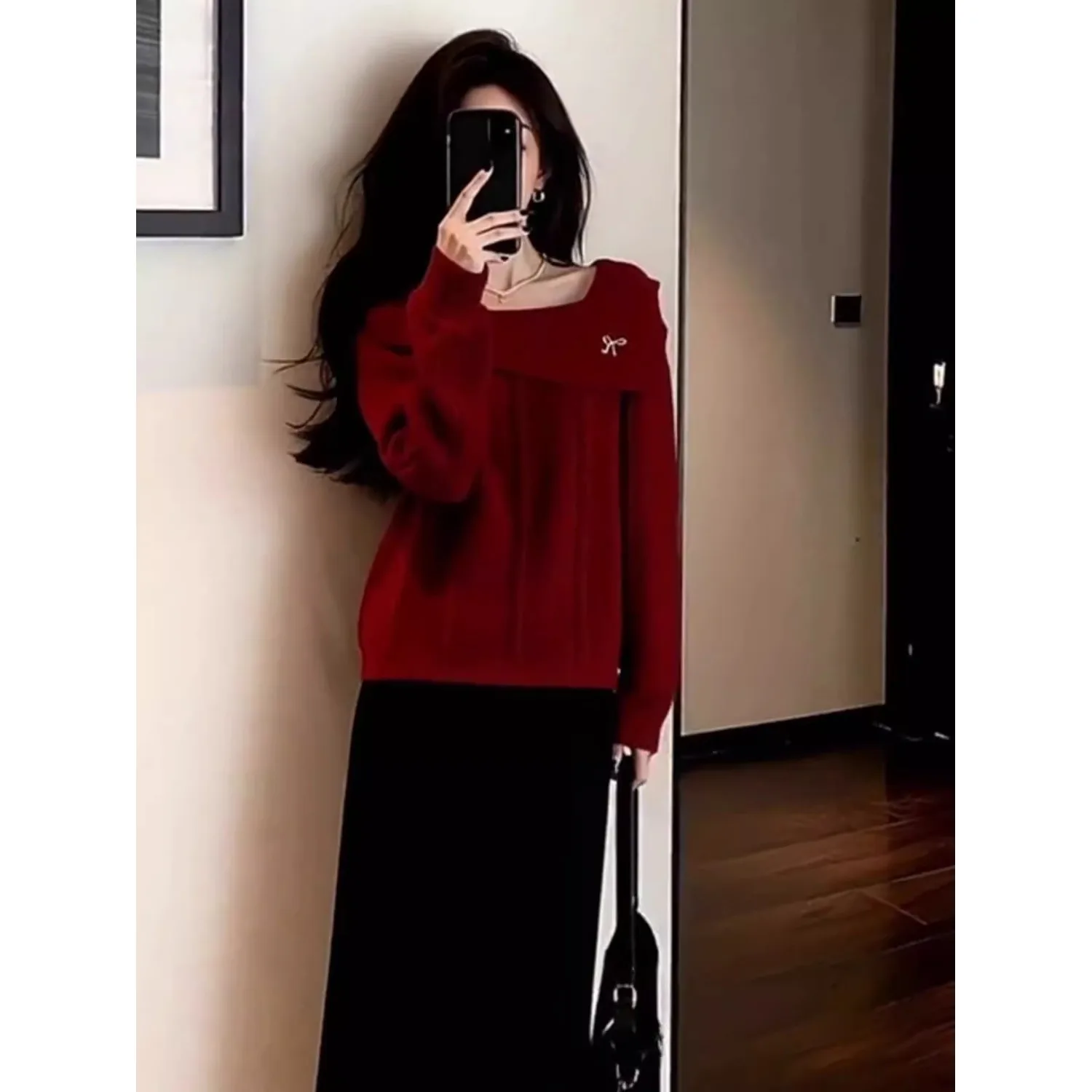 Suéter de punto rojo coreano Sle para mujer, Top cuadrado holgado Ne adelgazante, novedad de Otoño Invierno, Top antienvejecimiento Faion