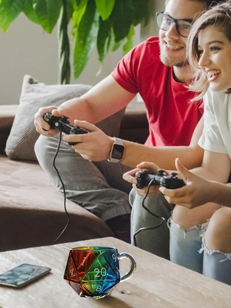 

Polyhedral Dice Coffee Cup with Handle Game Night Mugs Transparent Glass Game Mug for Board Game Players