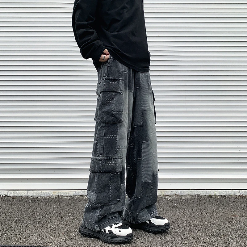 Vintage Patchwork Plaid Cargo Jeans Men Women Baggy Denim Trousers Streetwear Hip Hop Multi-Pockets Safari Style Casual