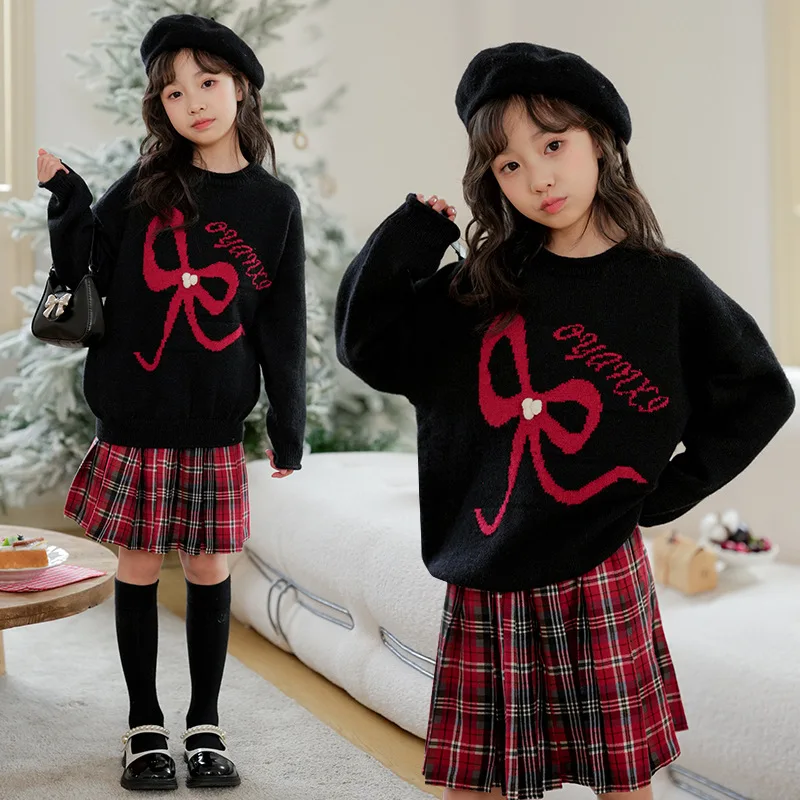 

2024 Autumn Winter Children Girl 2PCS Clothes Set Junior Girl Bowknot Knitted Tops+Plaid Pleated Skirt Christmas New Year Set