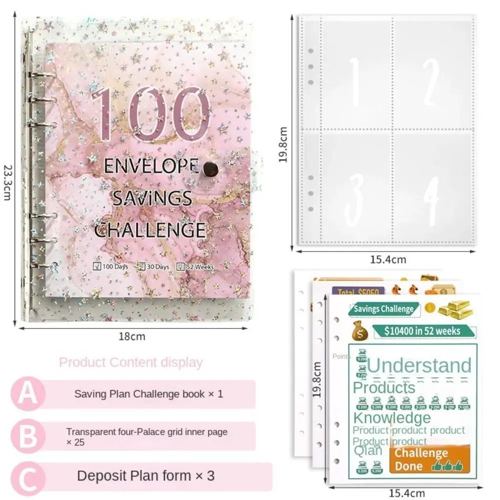 Save Money 100 Envelopes Money Saving Challenge Shining Large Capacity Money Collection Book Waterproof Portable Savings Binder