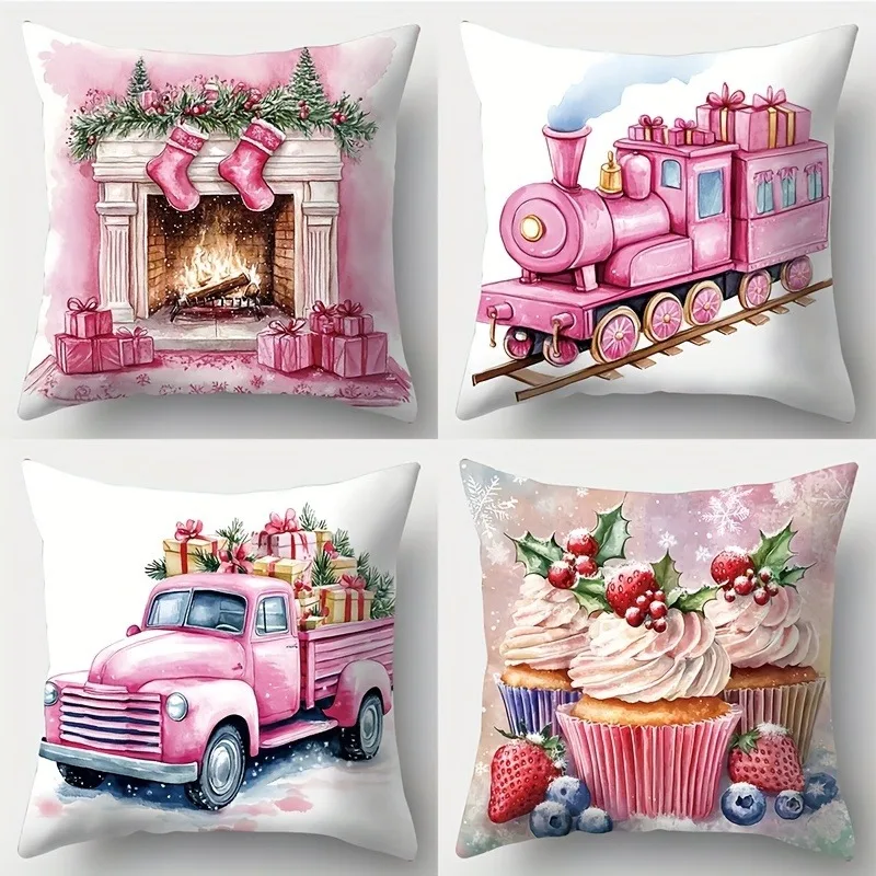 New Christmas pillow Christmas stove Christmas truck print pink suitable for living room sofa bed bedroom home decoration