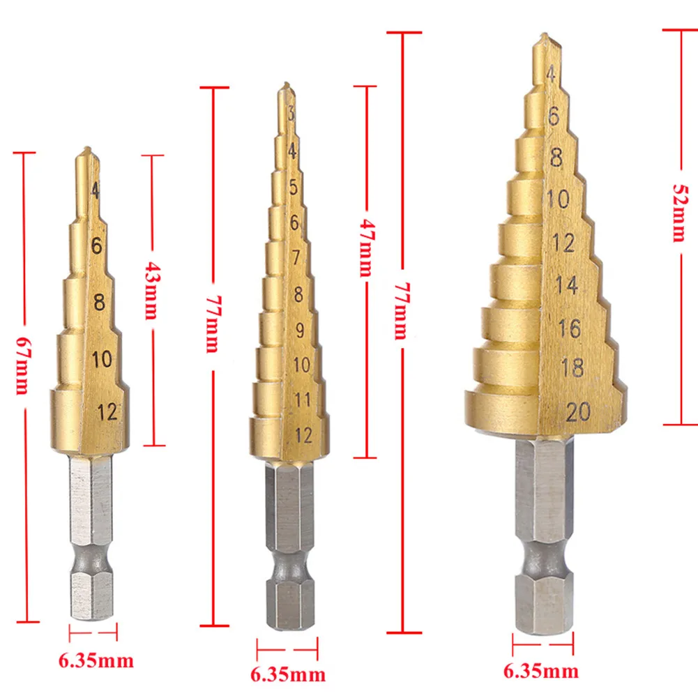 3 szt. Wiertło stopniowe 3-12 4-12 4-20 sześciokątna piła wiertło z rowkiem tytanowym powlekane kobaltem frezarka rdzeń metalowy otwór Openr