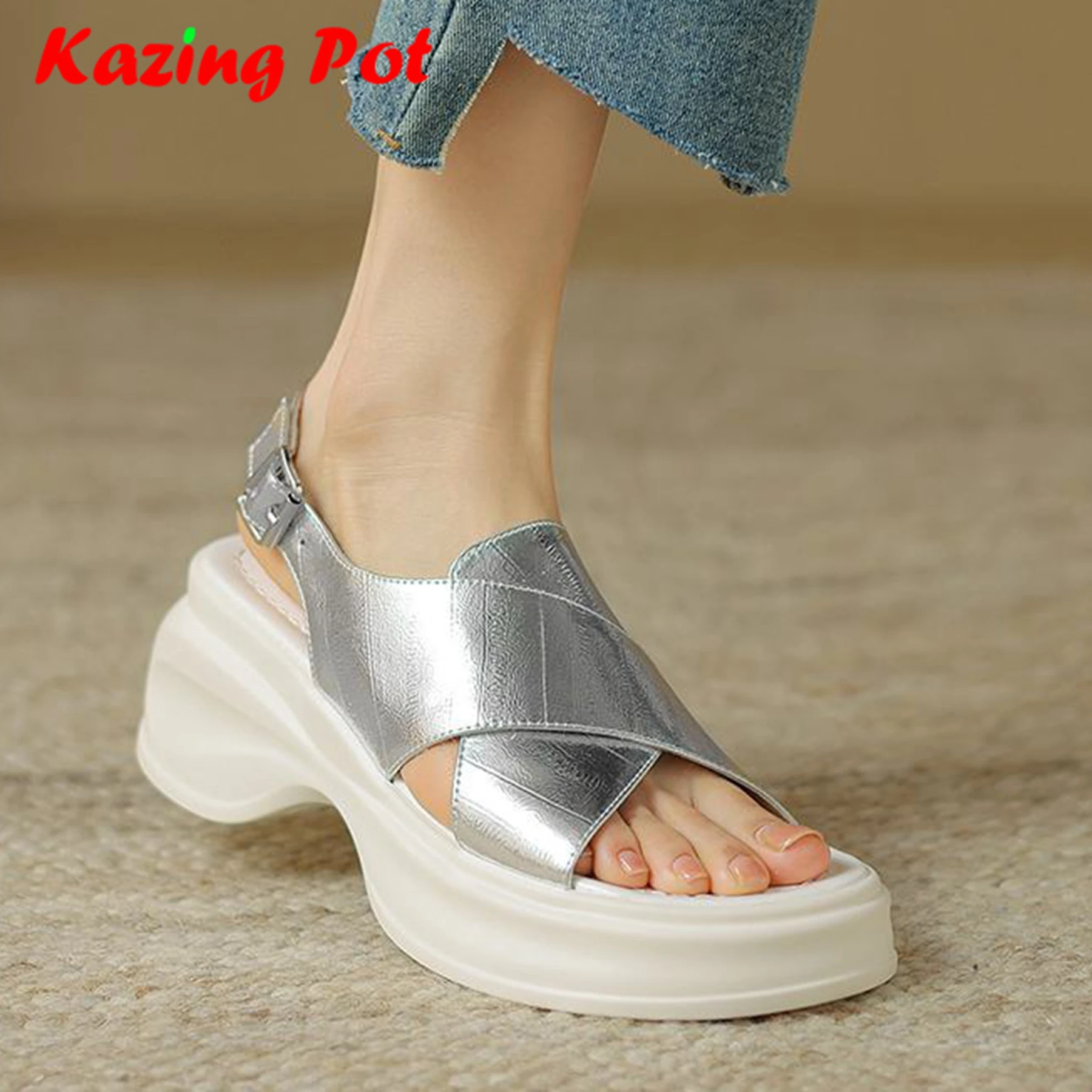 

Krazing Pot Genuine Leather Peep Toe Summer Thick Bottom Platform Concise Style Casual Buckle Straps Waterproof Women Sandals