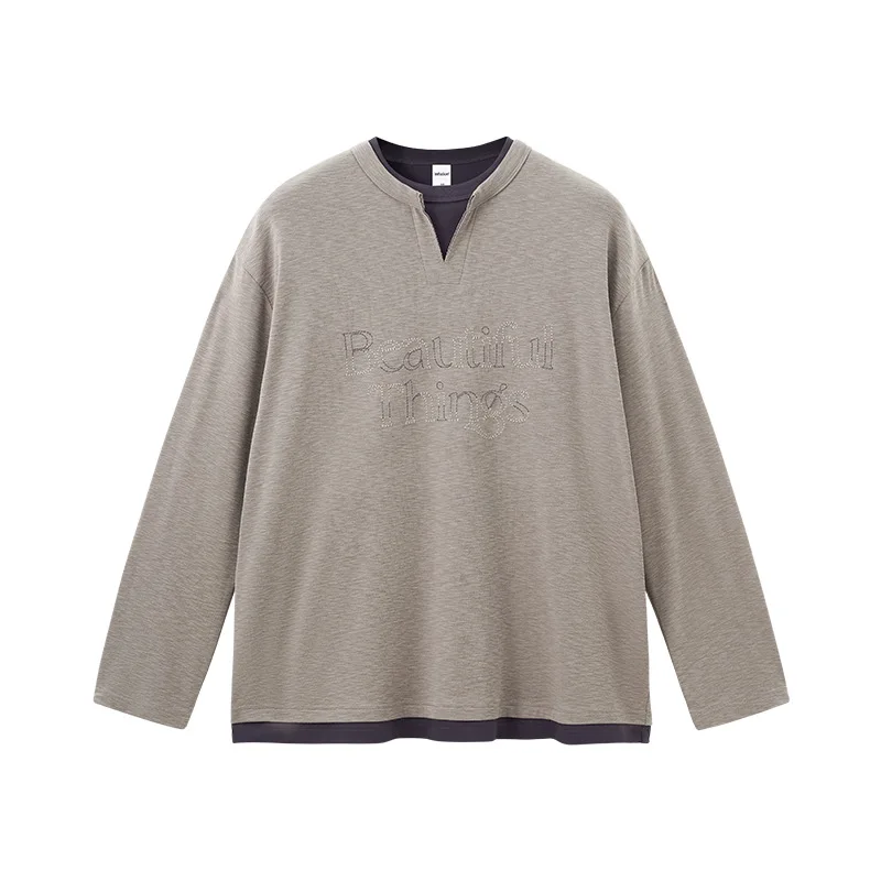 

Мужская футболка из двух предметов с вышивкой и длинными рукавами, осень 2022, новый модный американский топ с v-образным вырезом и завязками на воротнике в стиле пэчворк