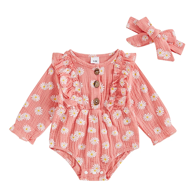 

2-Piece Baby Girls Set Long Sleeve Daisy Print Round Neck Single-breasted Ruffled Romper Headband Adorable Outfits