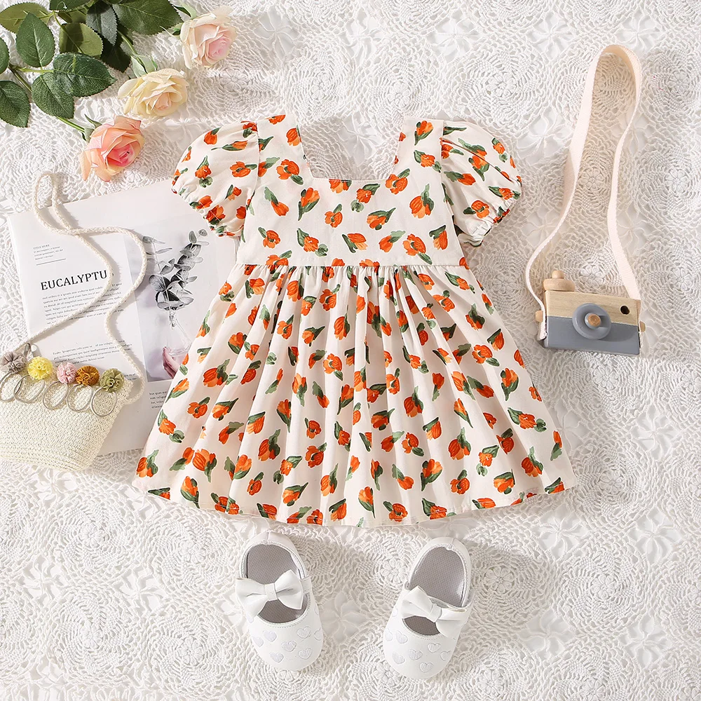 0-3-year-old girl dress summer baby girl big bow full flower print square neck bubble sleeve princess dress