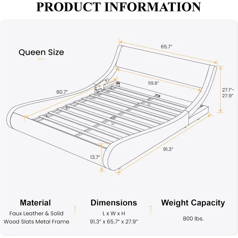 Modern Low Profile Platform Bed Frame Queen Size, Stylish Faux Leather Upholstered Sleigh Bed with Adjustable Headboard