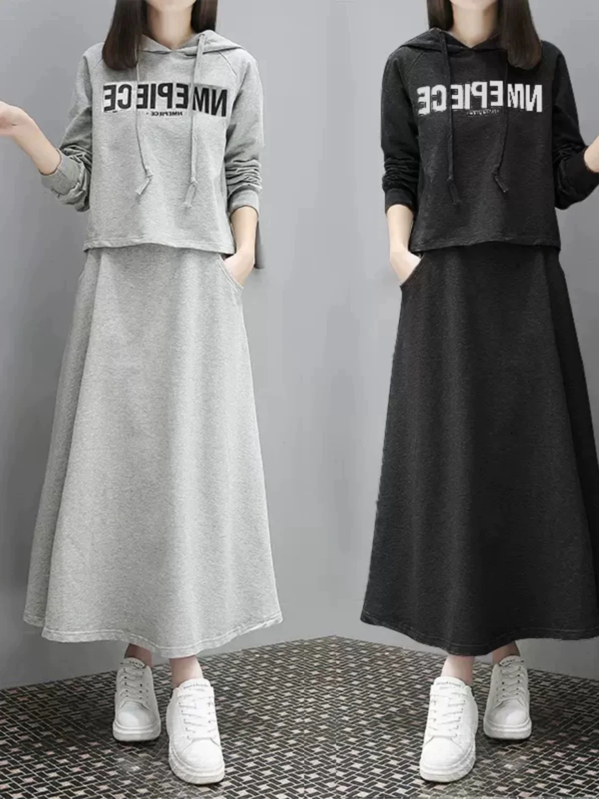 طقم فستان هودي أنيق للتنحيف بمقاسات كبيرة يغطي البطن، تصميم شبابي جذاب لخريف 2024 بأكمام طويلة من البوليستر