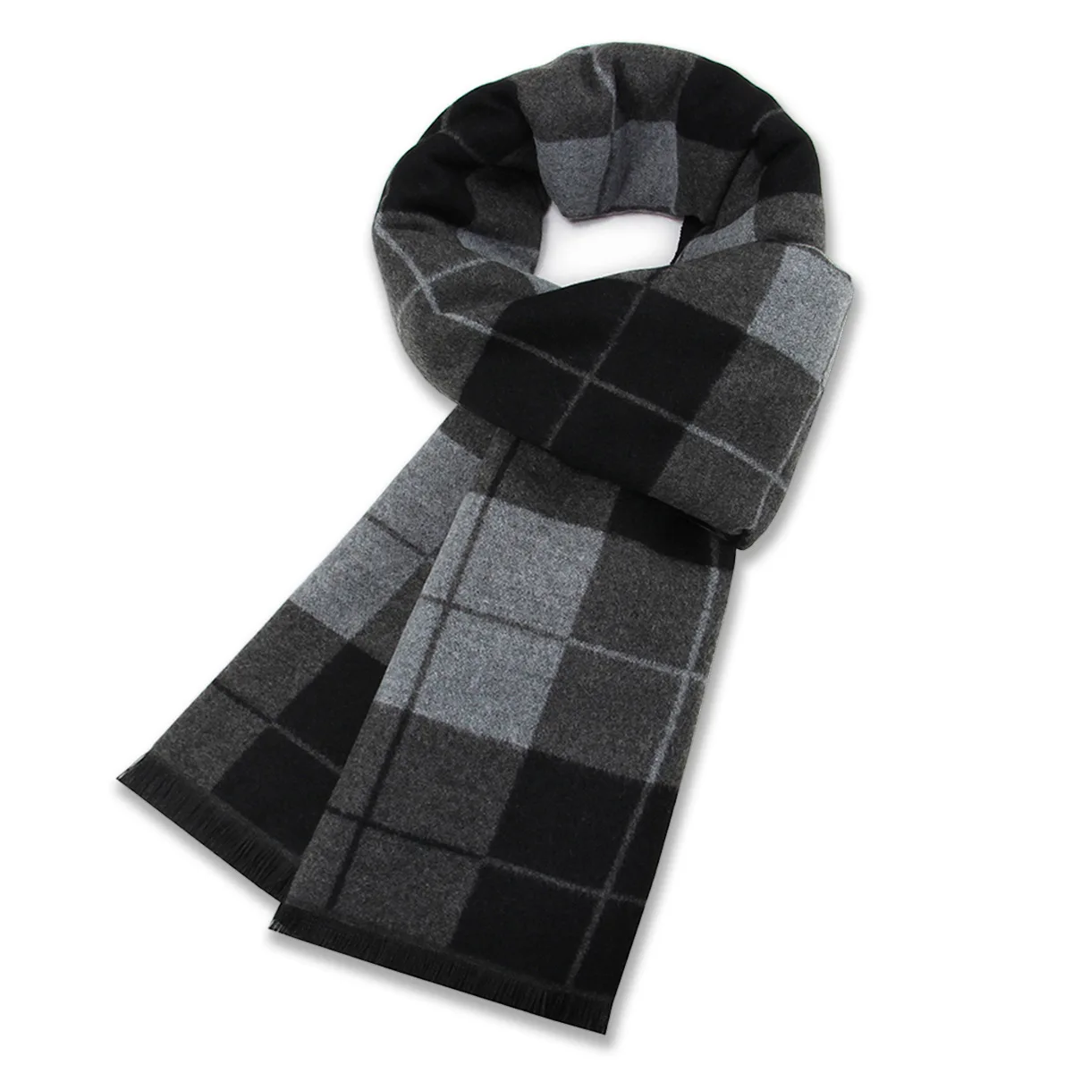 Light grey plaid wool scarf for winter warmth, jacquard fleece men\'s scarf, versatile business scarf