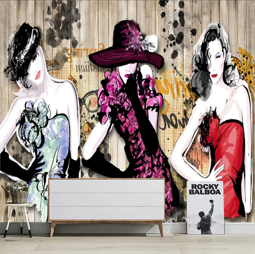 Customized size wallpaper, retro hand-painted character clothing design, mural, workwear, clothing store decoration painting