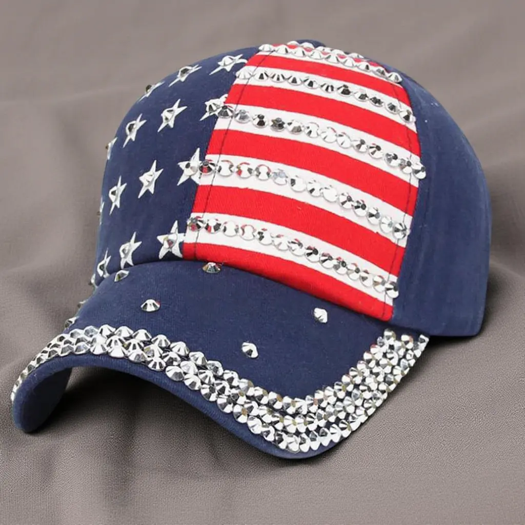 

Винтажная бейсболка с американским флагом и стразами, синяя, удобная, джинсовая, патриотическая, блестящая, для 4 июля и Дня памяти