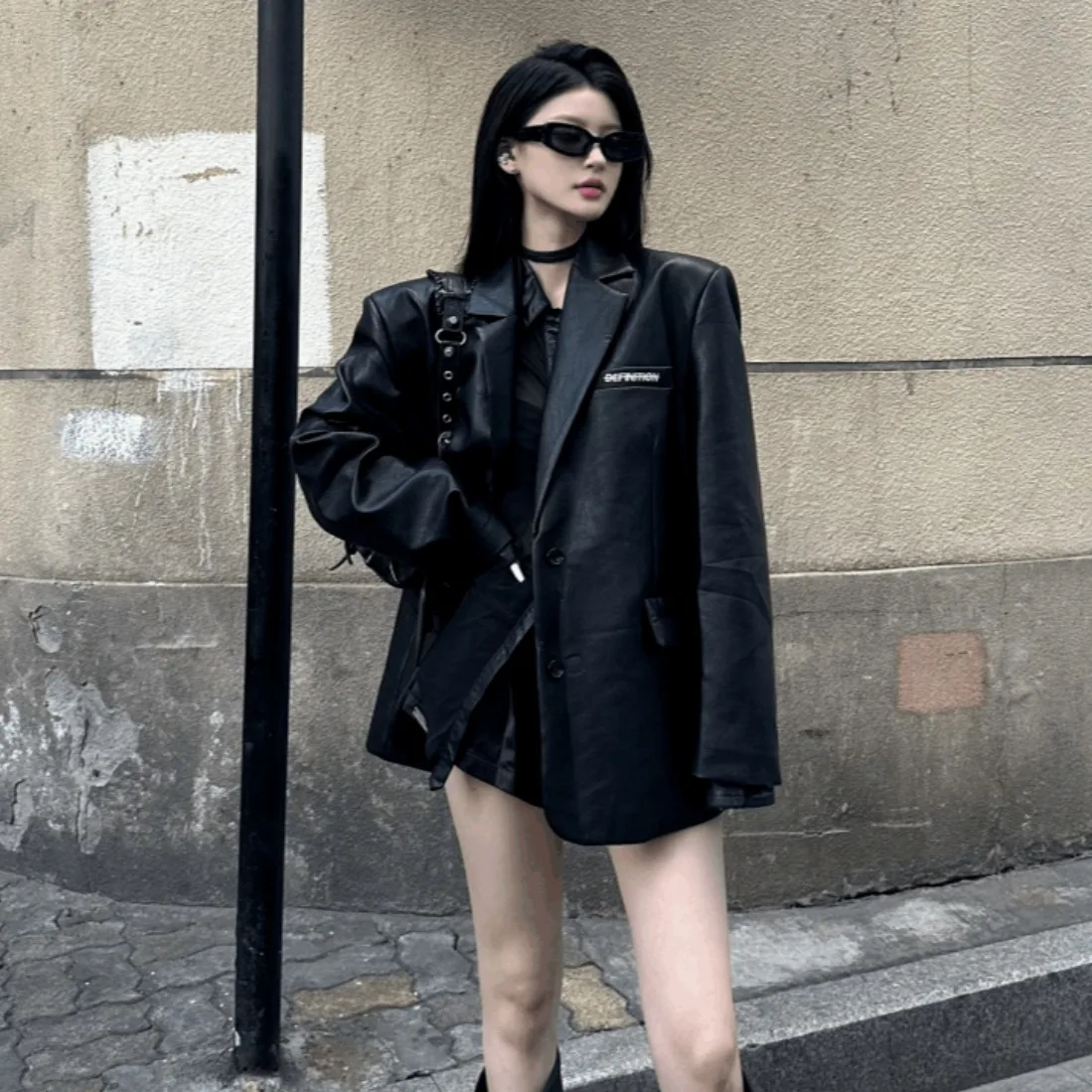 High-end Women's Black PU Leather Suit Jacket Autumn and Winter 2024 Street Cool Coat Niche Design Fashion Lady Loose Suit Top