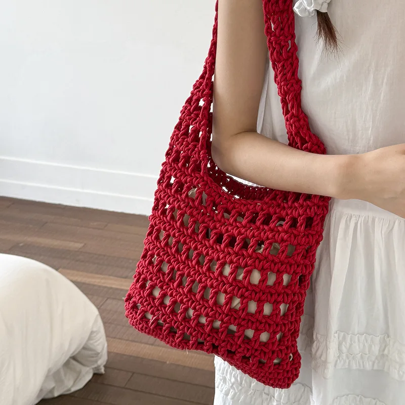 

Полая вязаная сумка для женщин, однотонная прочная большая сумка с отверстиями, большая вместительная женская сумка на одно плечо, сумка для покупок под мышками