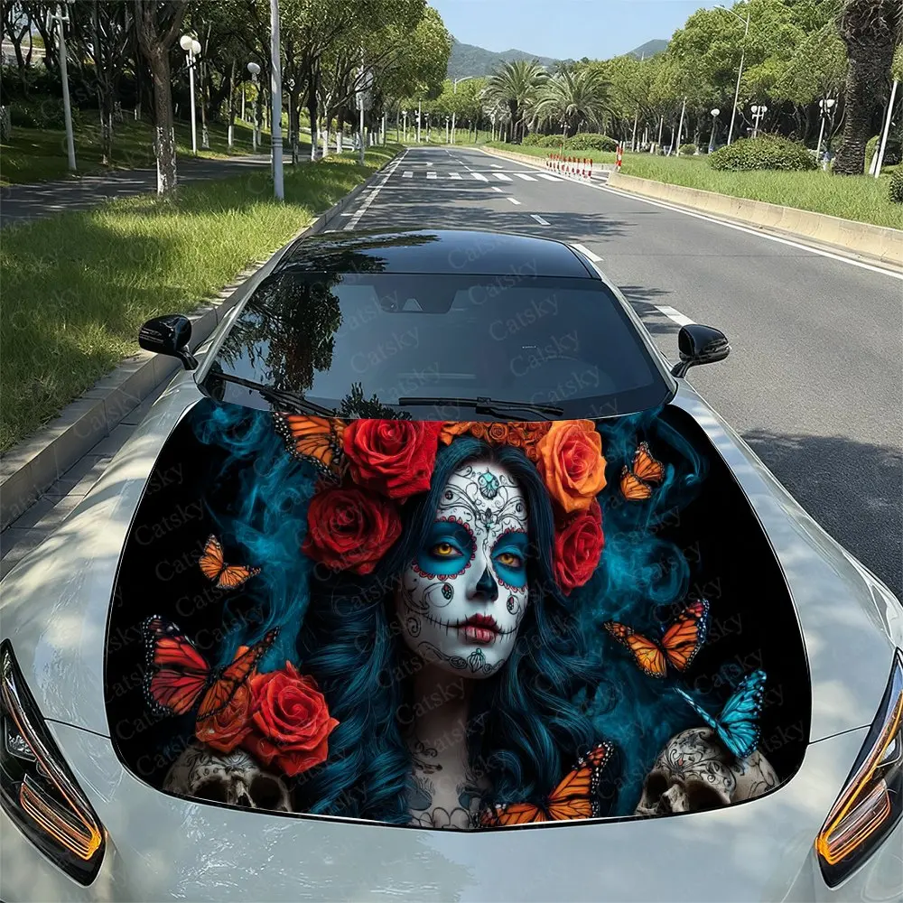 

Blue Smoke & Roses Sugar Skull Lady Car Vinyl Wrap, PVC Waterproof Car Hood Sticker, Self-Adhesive Scratch-Resistant Stickers