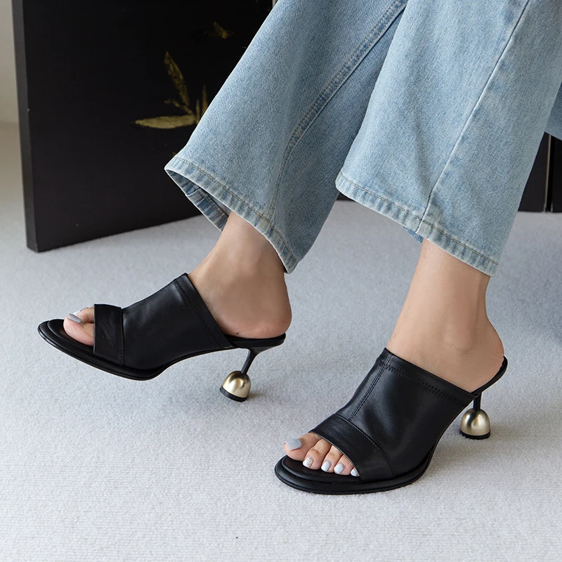 2024 New Women Genuine Leather Sandals High Heels Peep Toe Summer Comfort Casual Black Shoes Woman Female Fashion Pumps Slippers