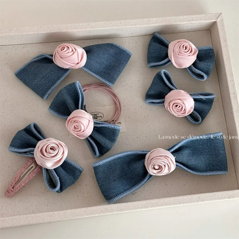 Denim Rose Barrettes Women\'s Blue Side Barrettes Eight-Character Bang Side Clip Elastic Hair Ring Hair Tie Hairpin Headwear