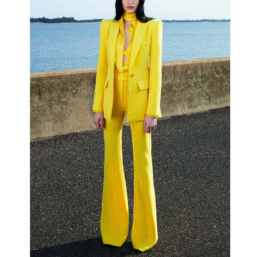 

Yellow Women Suits Fashion Peak Lapel Blazer High Quality Cotton Linen 2 Piece Party Office Lady Formal Slim Fit Pants Set 2023