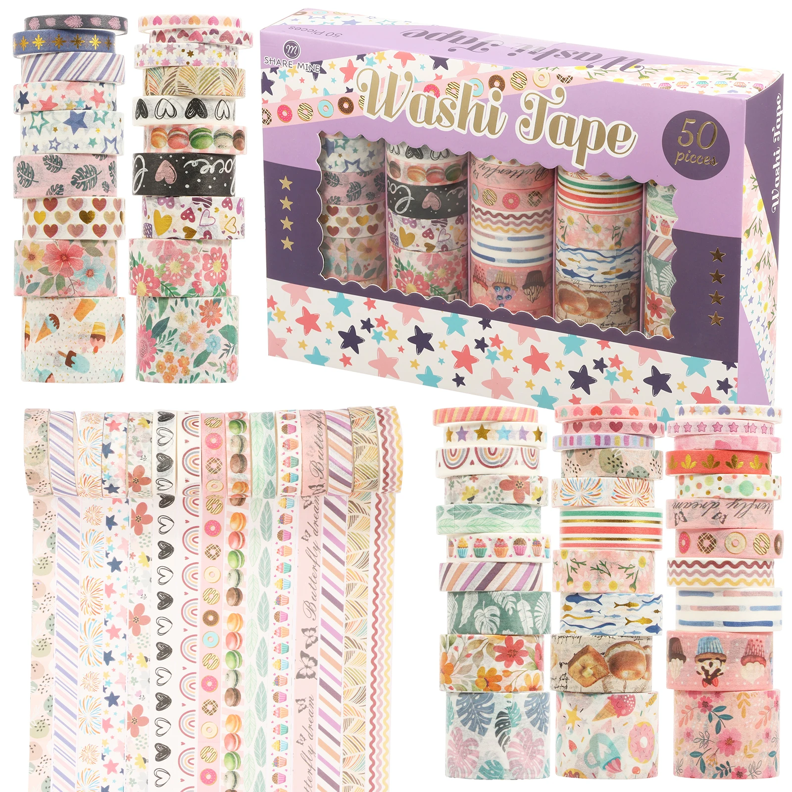50/10 Rolls Washi Tape Set 5/8/10/15/20/30mm Decor Tape Multi Pattern for Greeting Card Journaling Scrapbooking Adhesive Tapes