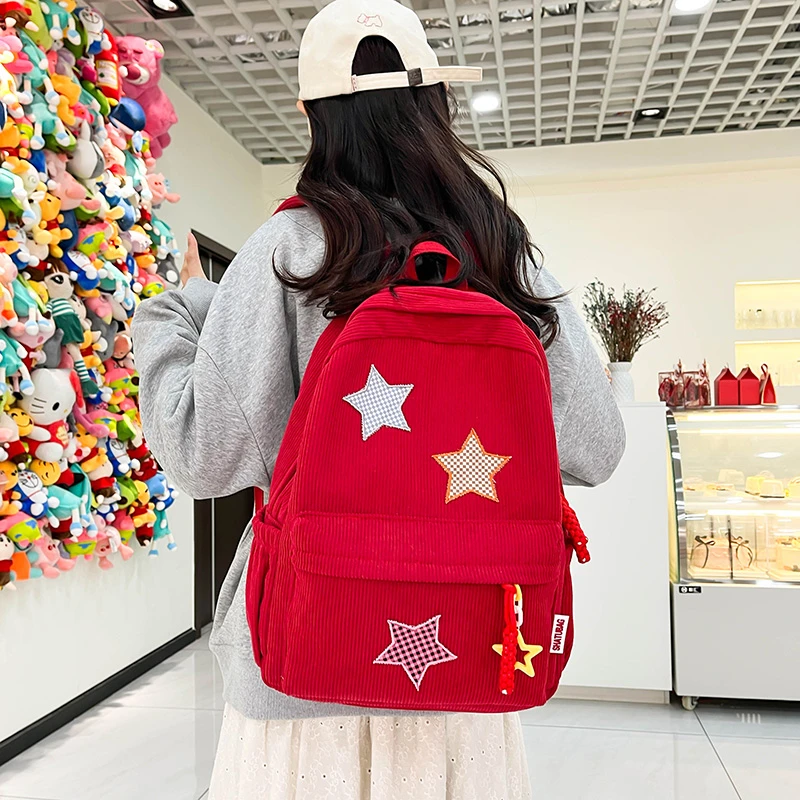 Solid Star Twist Zipper Large Capacity Corduroy School Bag Simple Backpack 2024 Hot Sale Bags for Girls and Boys Bolsos Colegio