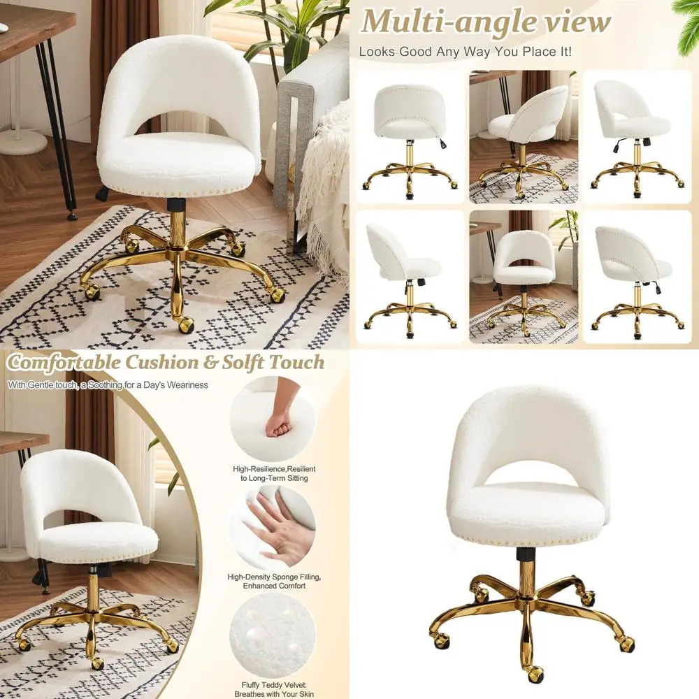 

Compact Fluffy Office Chair with Gold Base, Comfortable Swivel Vanity Chair for Women, Kids, and Nail Technicians, Ideal for Sma