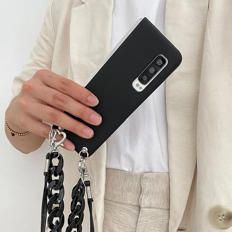 Fashion Crossbody Lanyard Acrylic Bracelet Hand Chain Black Matte Skin Phone Case Cover For Samsung Galaxy Z Fold 7 6 5 4 3 2 5G