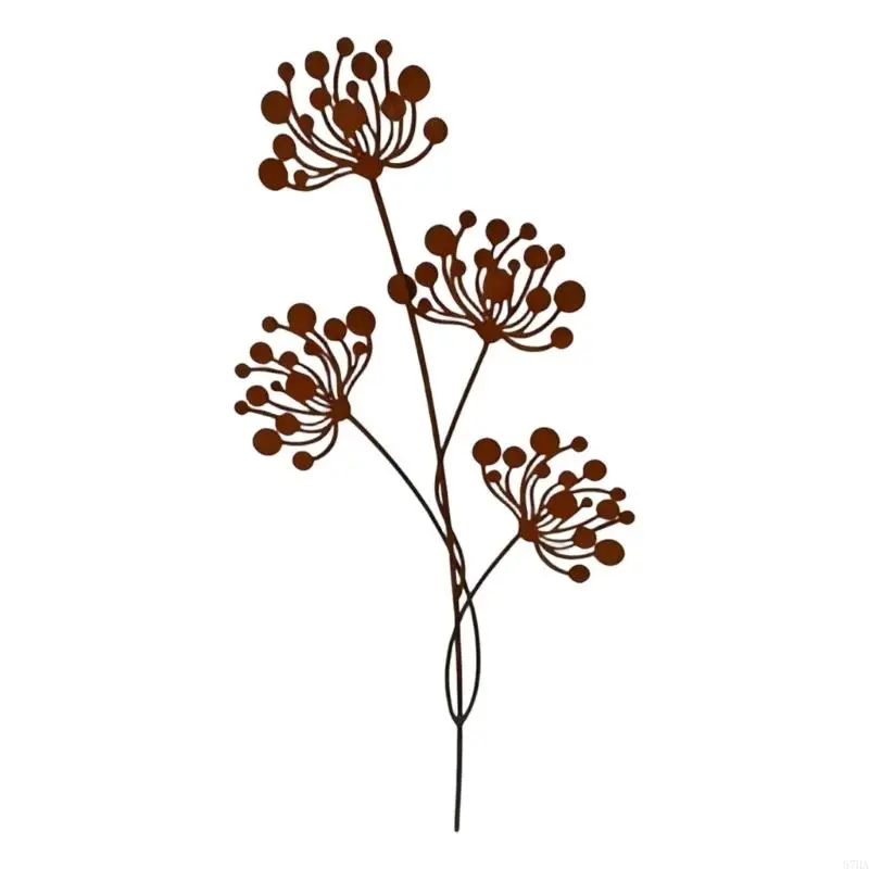 Branching Flower Iron Garden Stake, Weathered Brown Metal Finish for Adding Natural Detail to Flower Pots and Garden Plots 87HA