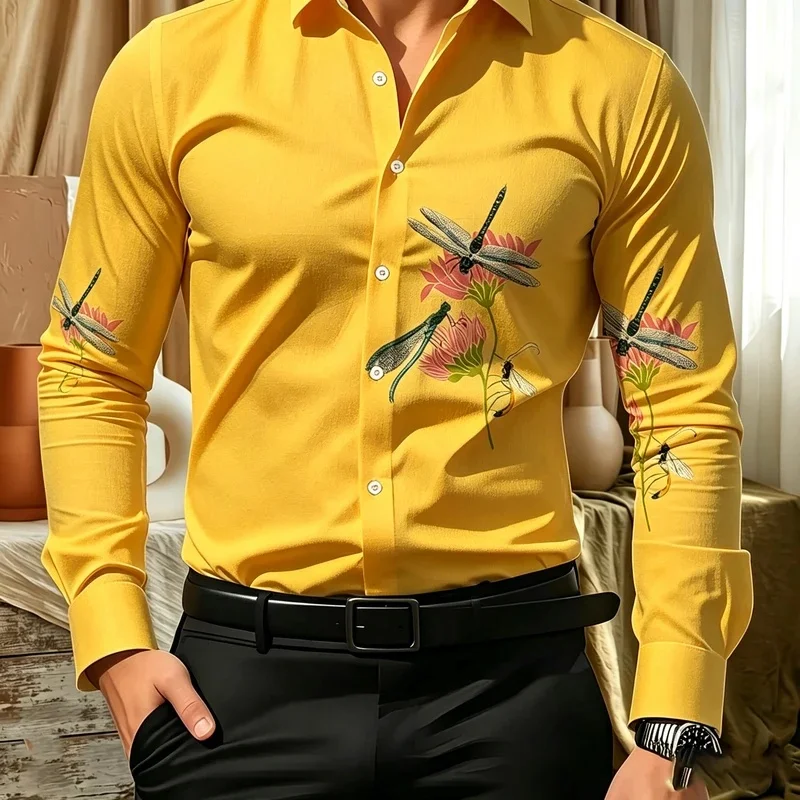 Men's long-sleeved collared shirt with dragonfly and lotus print, flowing drape, luxurious casual cardigan for banquets.