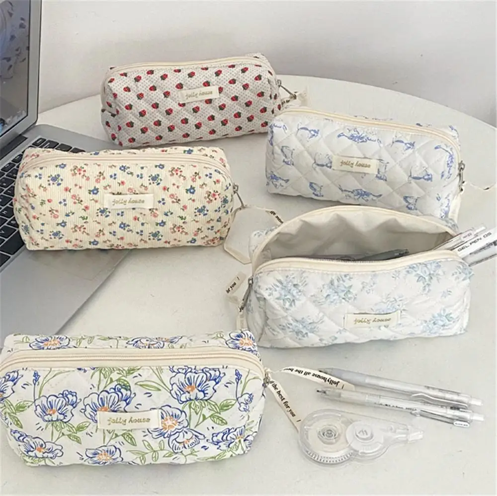 Vintage Fresh Floral Pencil Bags Korean Style Cute Student Pencil Cases Stationery Supplies Multi-Functional Handbag