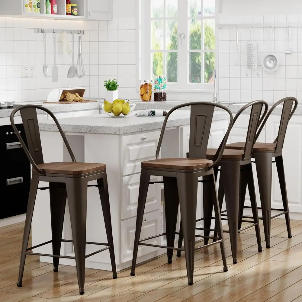 26 inch Bar Stools Set o 4, Metal Counter Height Barstools with High Back Large Seat ern armhouse Kitchen Bar Chairs Rusty