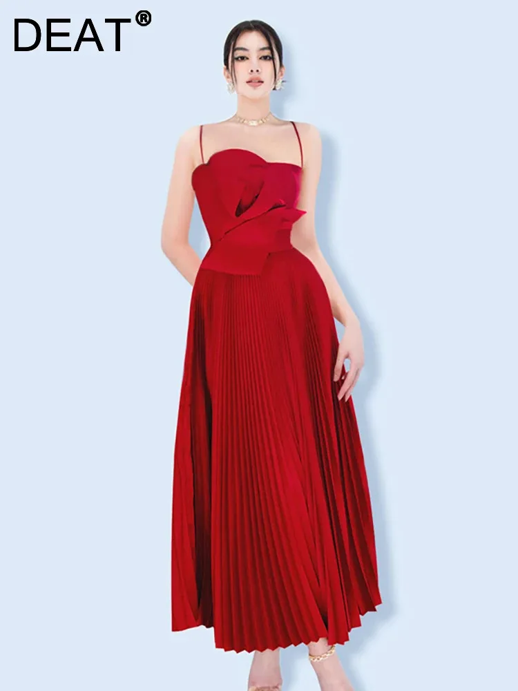 

DEAT Elegant Dress Red Pleated Mid Length 3D Flower Slim Waist Sleeveless Suspended Women's Dresses 2024 Summer New 15G6683