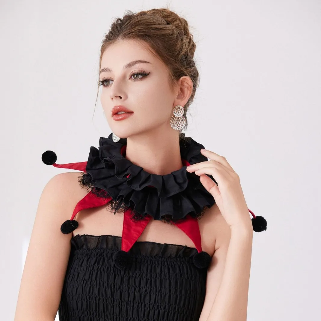acessorio-de-cosplay-engracado-para-homens-e-mulheres-com-gola-de-palhaco-falsa-capa-tipo-xale-preta-e-vermelha-com-pompom-decorativo