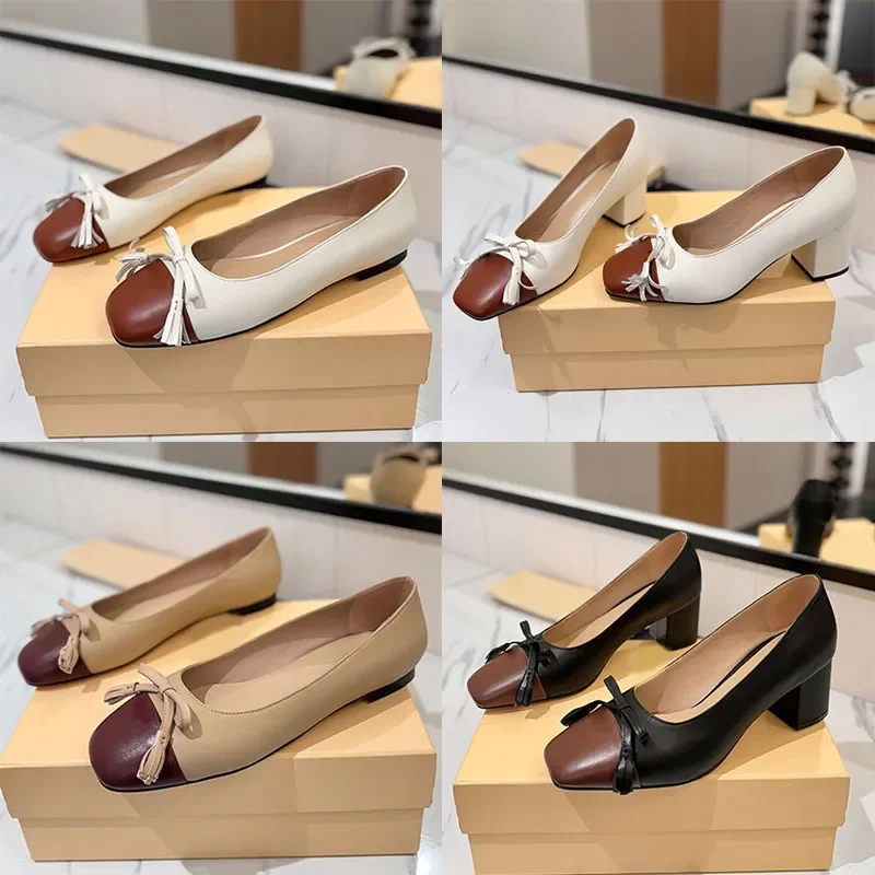 

Designer Women Valet Du Roi Kidskin Ballerina Leather Tassels Decoration Ballet Shoes Round Head Buckle chunky Heel High Heels D