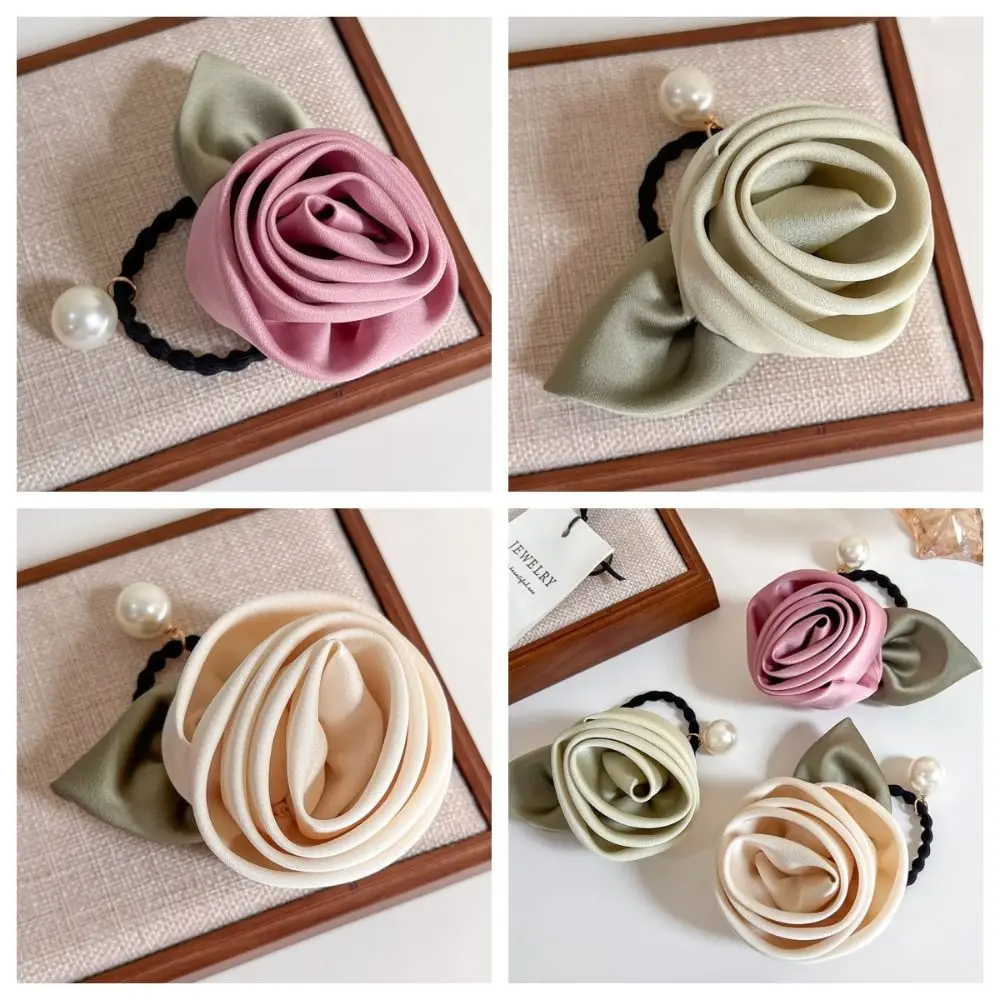 

Cute Flower Rose Hair Rope Leaf Peal Silk Satin Hair Rope Scrunchies Korean Style Elastic Hair Band Headwear