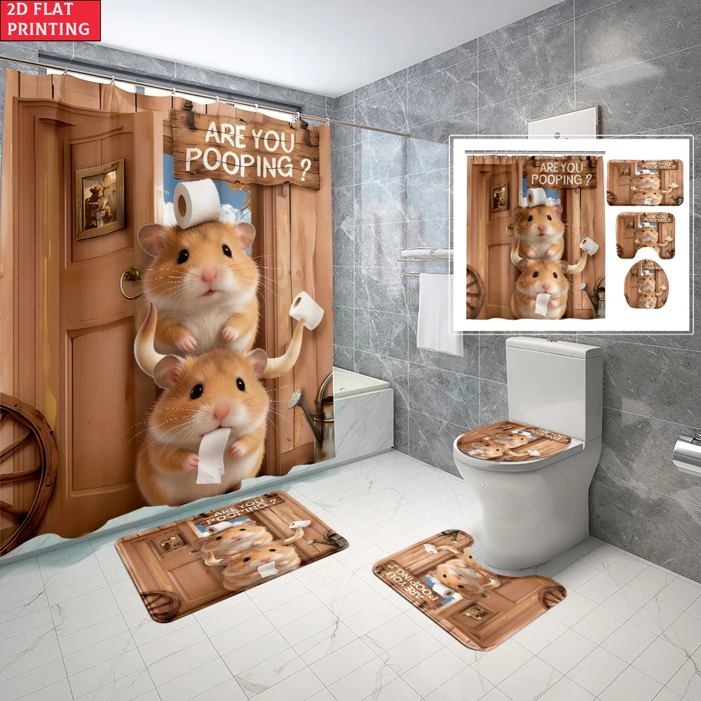 

1pc/4pcs Shower Curtain and Bath Mat Set with Are You Pooping Hamster Bathroom Scene Non-Slip Bathroom Decor, with 12 hooks