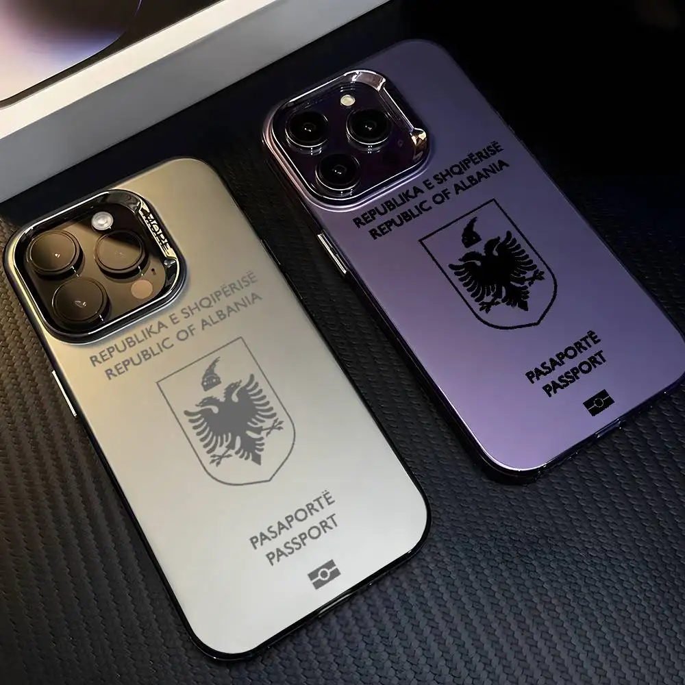 ألبانيا جواز السفر شعار جراب هاتف آيفون 17 16 15 14 13 12 11 برو ماكس الهواء متعدد الألوان ماتي لامع أورورا فوندا