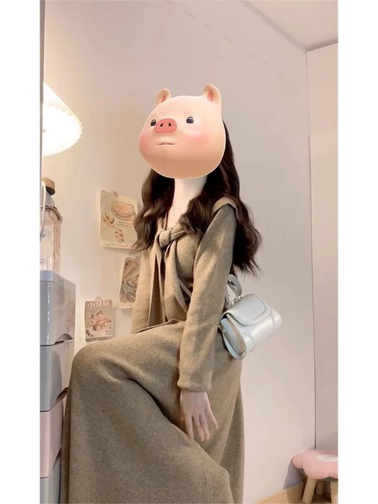 

Korean Sle Lazy Faion Women's Knitted Dr Set Long Skirt Sweet Sle Loose Fit Polyester Fiber Two Piece Suit Autumn Ne...