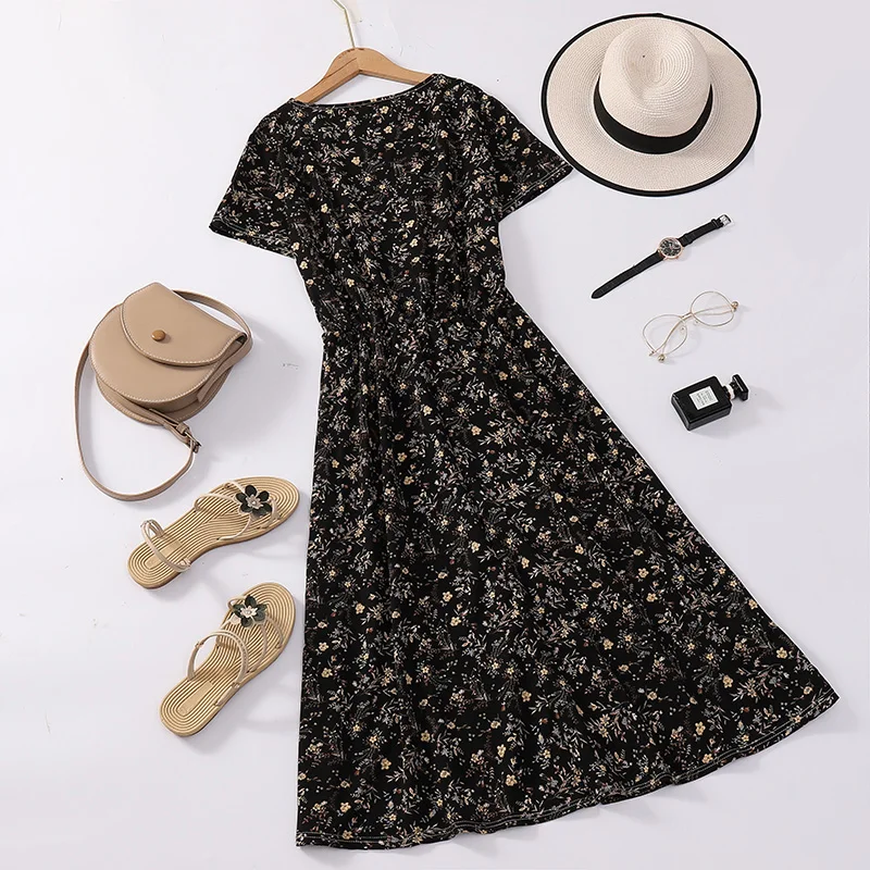 

Модное платье миди с коротким рукавом для женщин среднего возраста в юго-восточноазиатском стиле, повседневное, свободного кроя, с круглым вырезом, длинная юбка